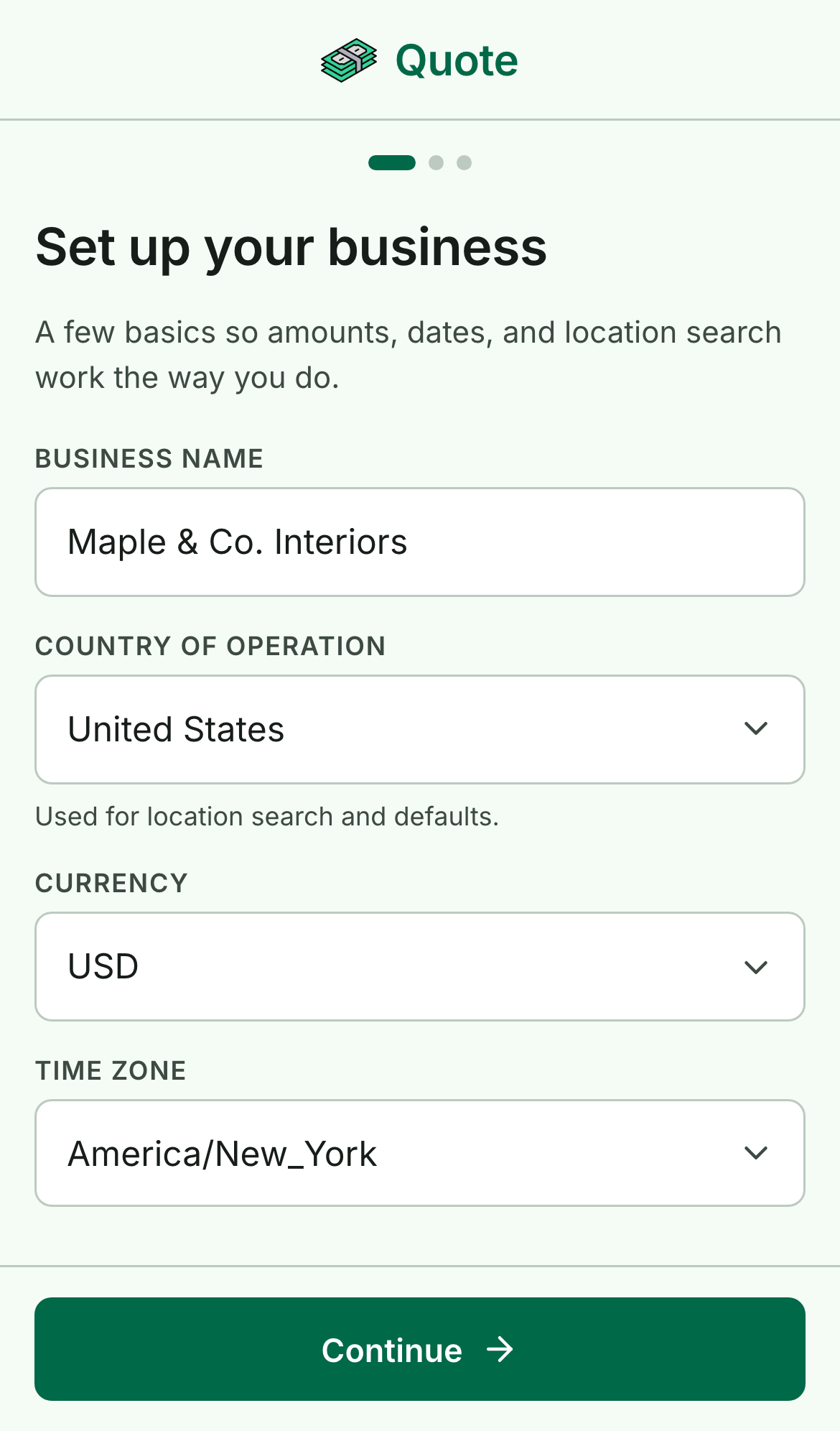 Set up your business screen with fields for business name, country of operation, currency, and time zone