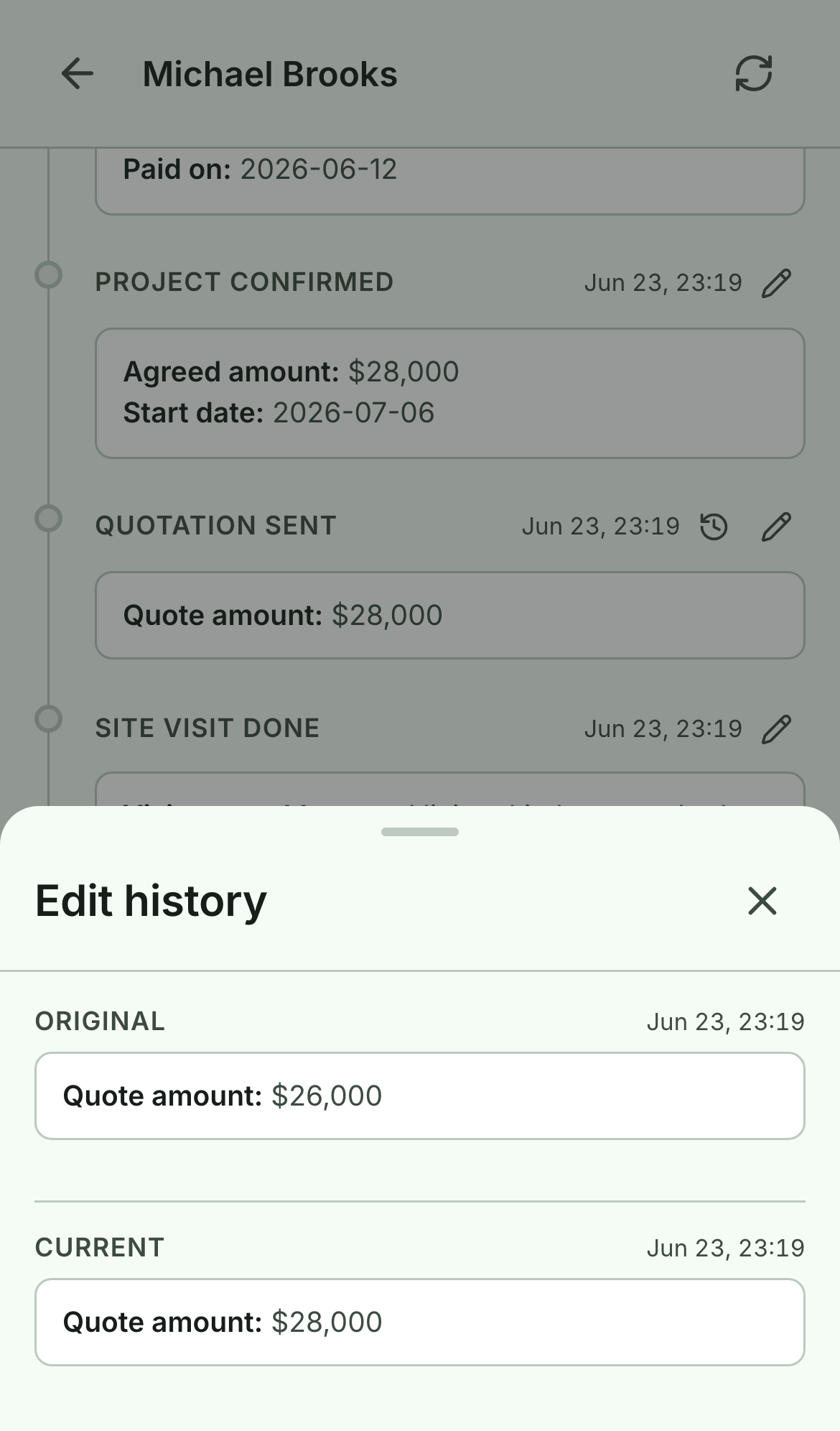 The Edit history sheet showing two versions of the quote amount: Original $26,000 and Current $28,000, each with a timestamp
