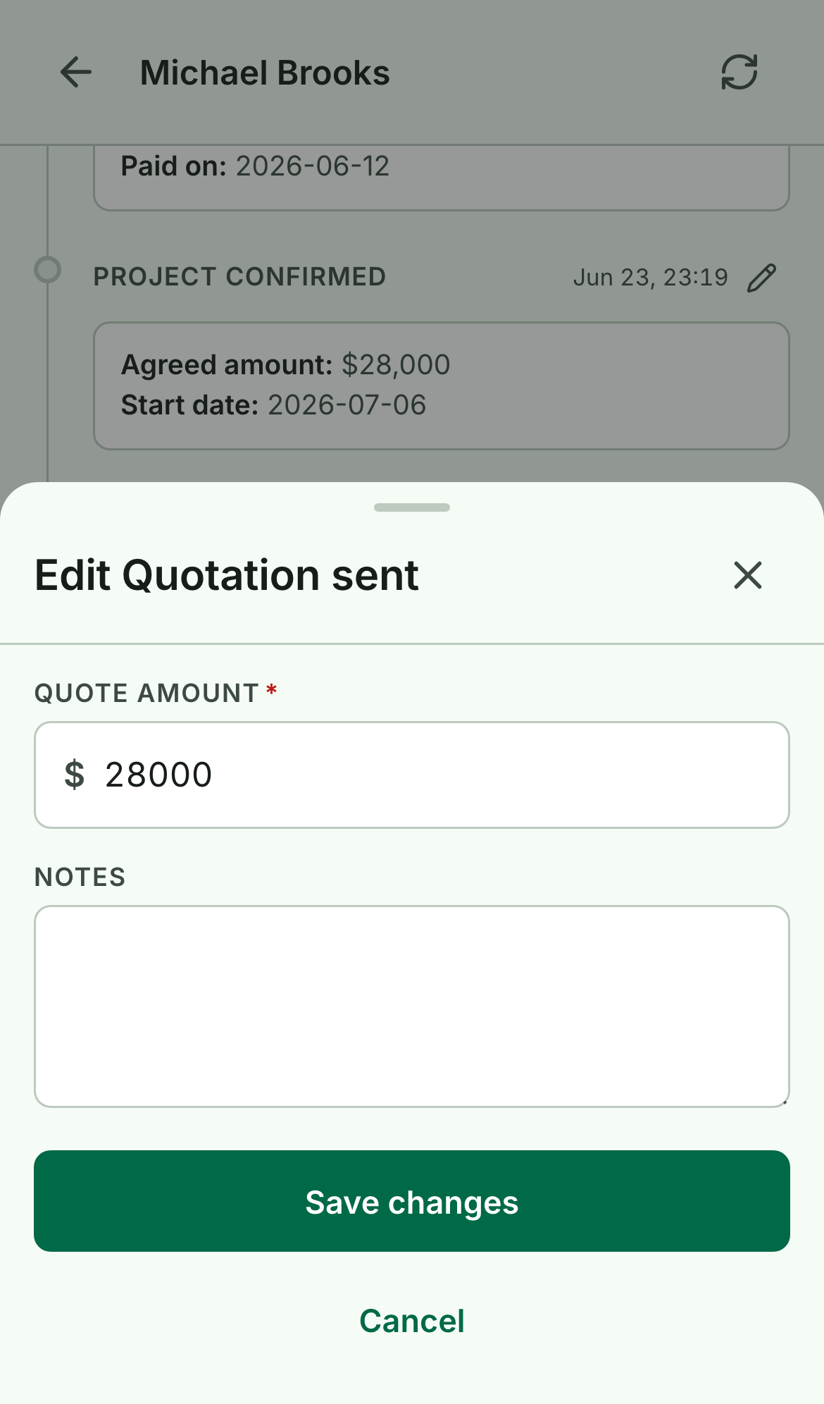 The Edit Quotation sent sheet, with the Quote amount field pre-filled at 28000 and a Save changes button