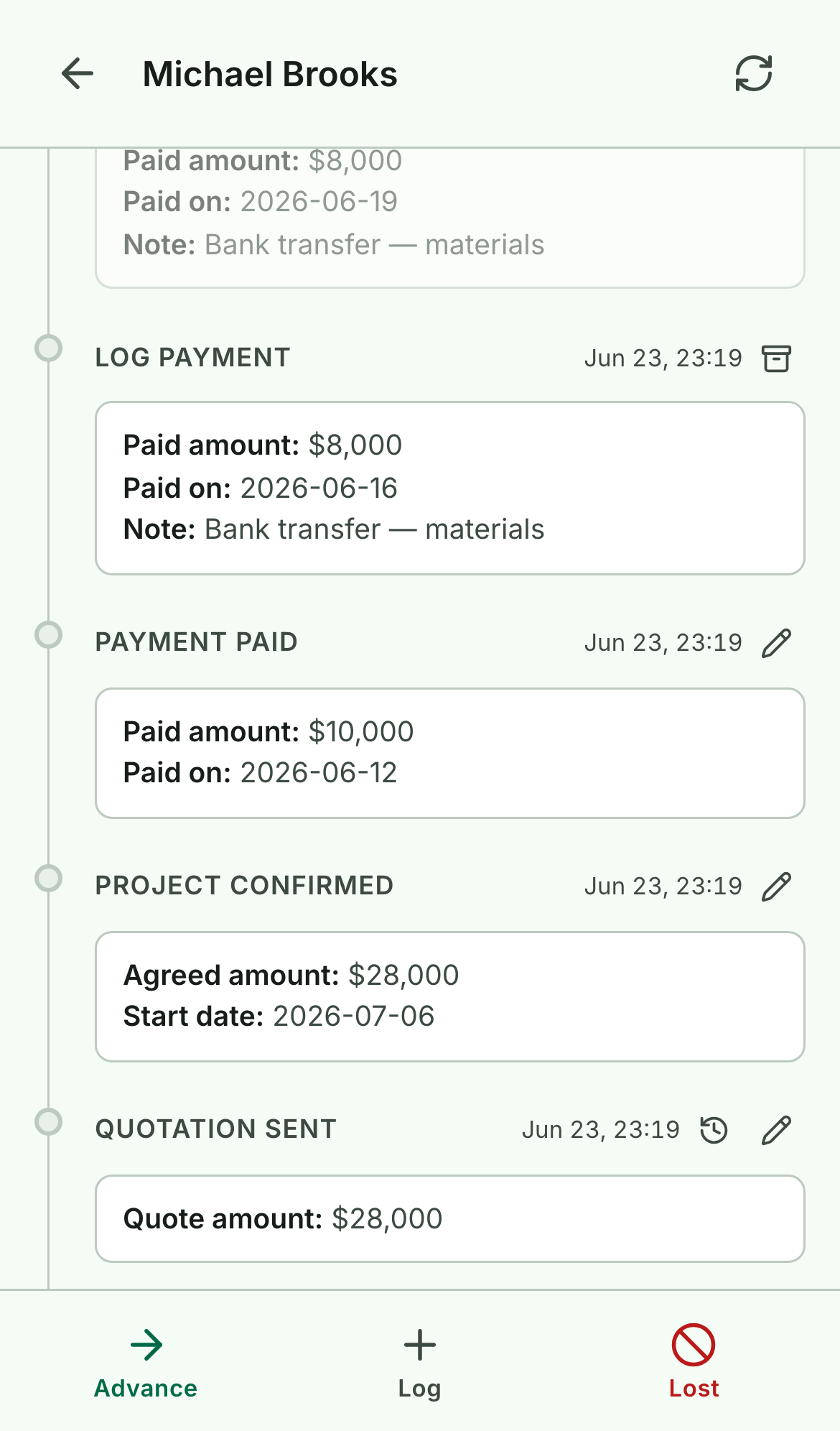 A deal's timeline with stage entries and a logged payment, each row showing a pencil, history, or archive control on its right edge