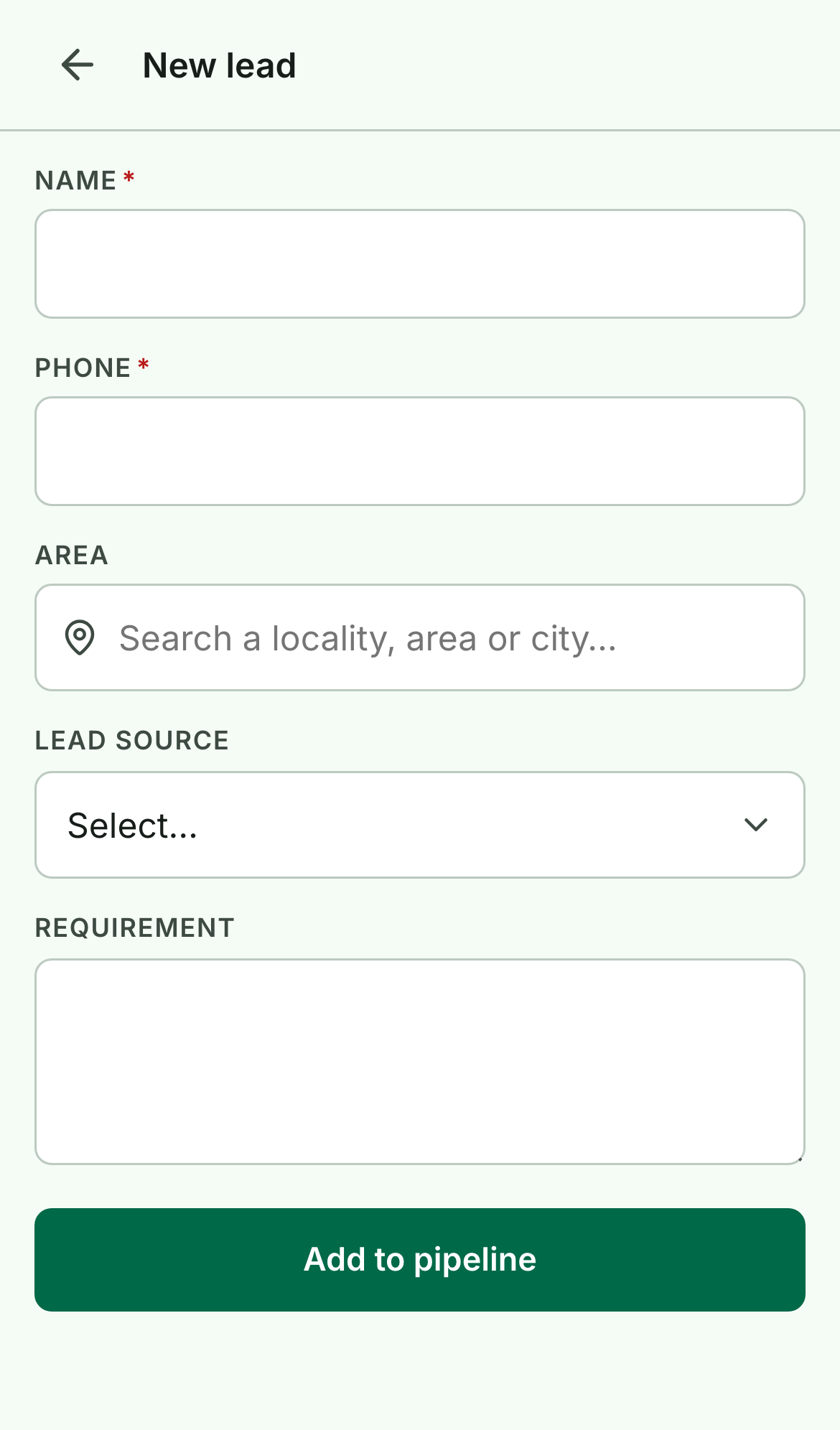 New lead form with fields for name, phone, area, lead source, and requirement, and an Add to pipeline button