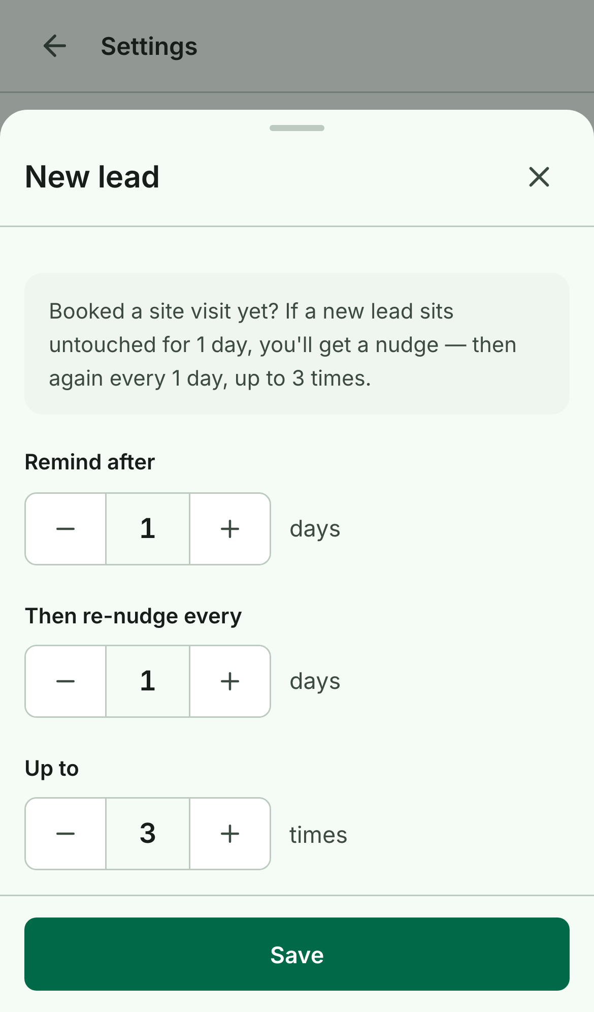 Reminder editor for the New lead stage with steppers for remind after, re-nudge every, and up to N times