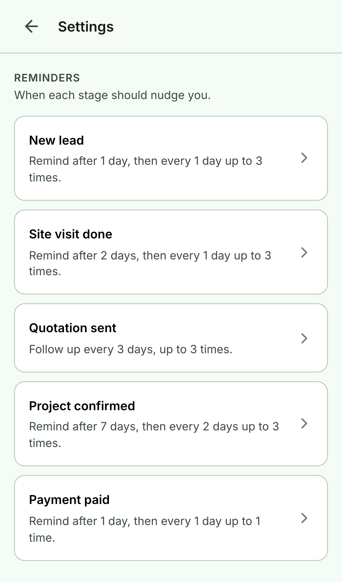 Settings reminders list, each stage showing a plain-English summary of when it nudges